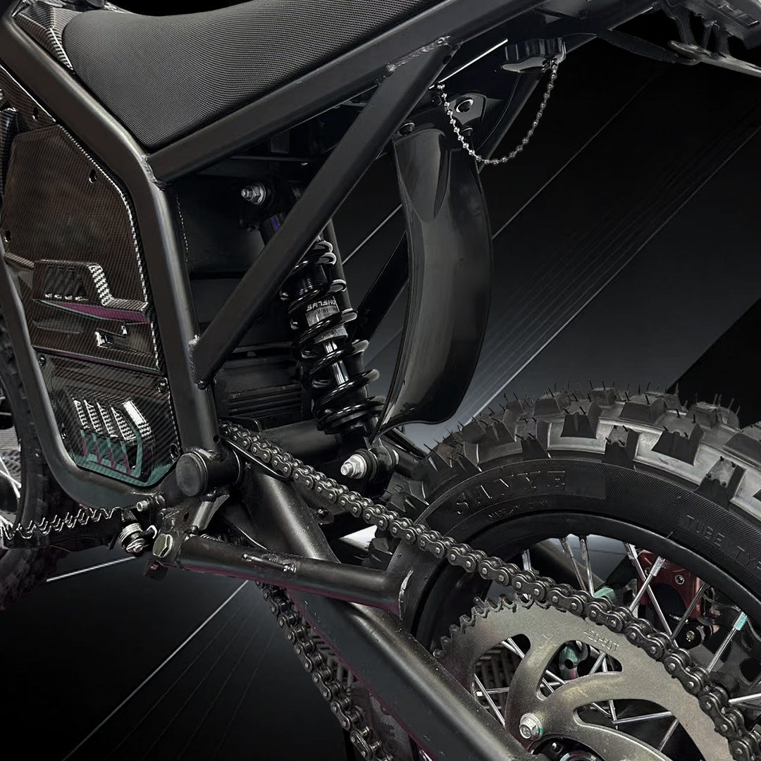 Electric motorcycle rear swingarm and chain drive with spring suspension