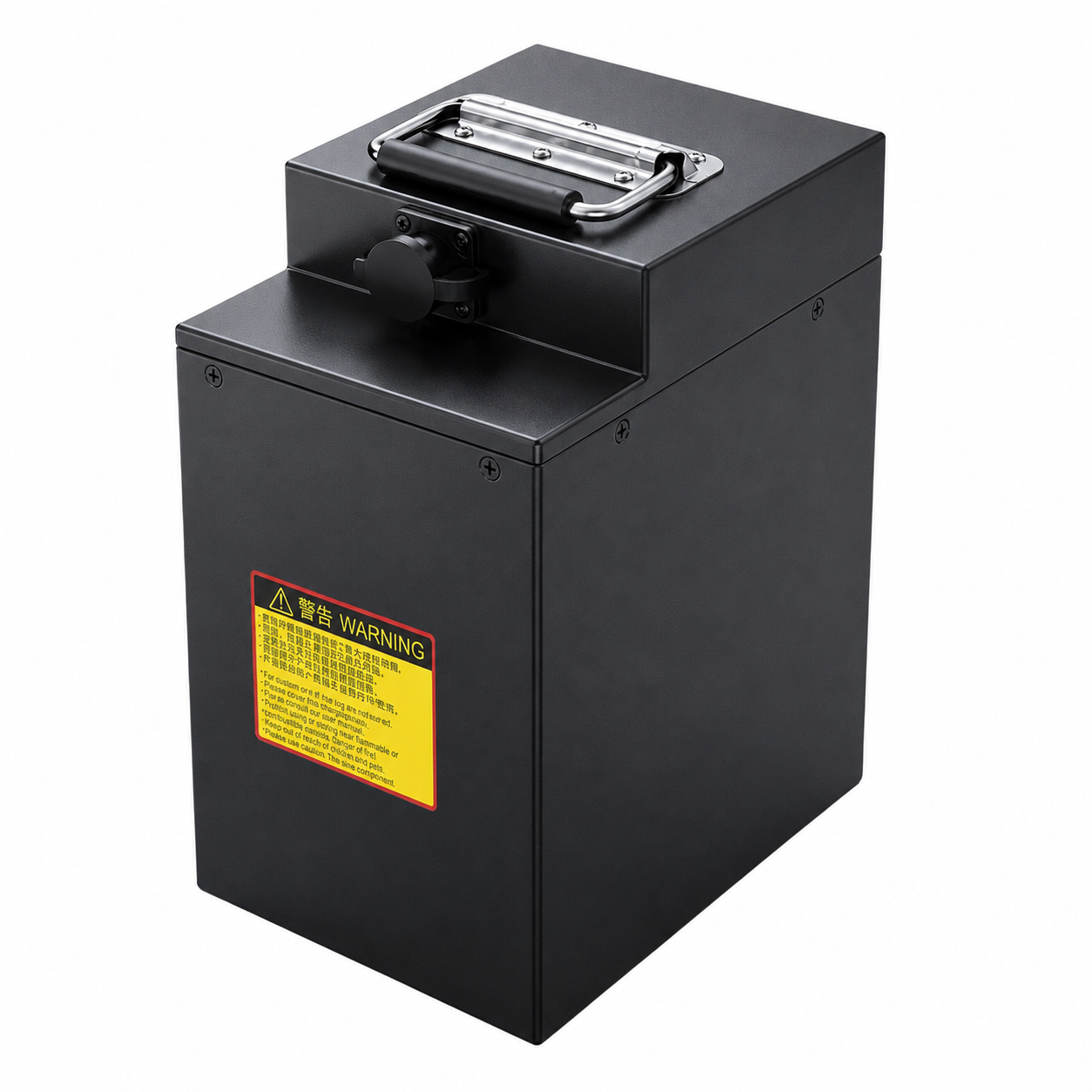 Black metal battery pack with latch handle on top and side label