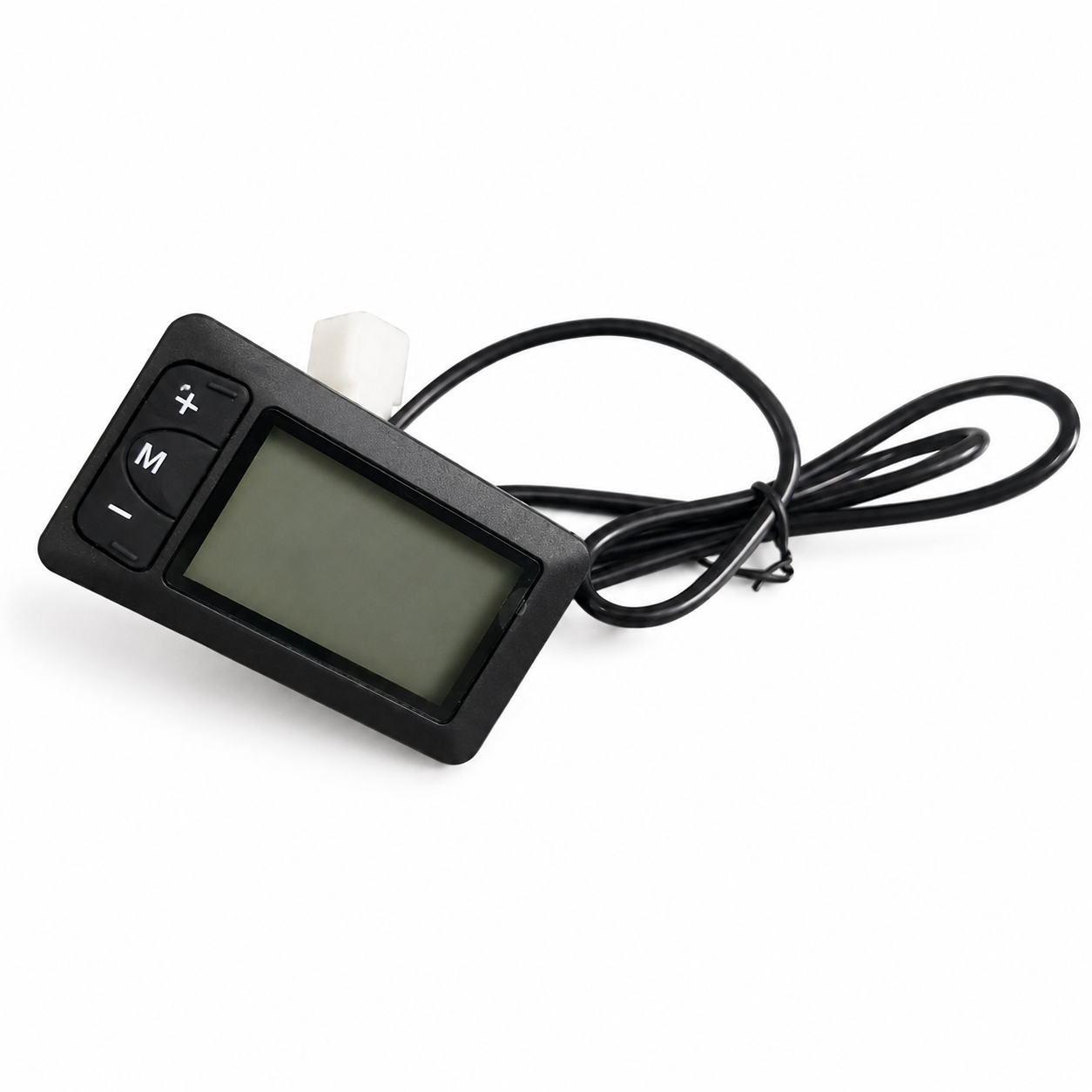 Black color dashboard controller with LCD screen, plus/minus buttons, and power cables