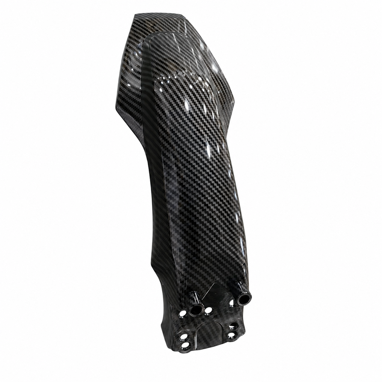 Dark carbon fiber front grille panel with two mounting holes and twin round openings