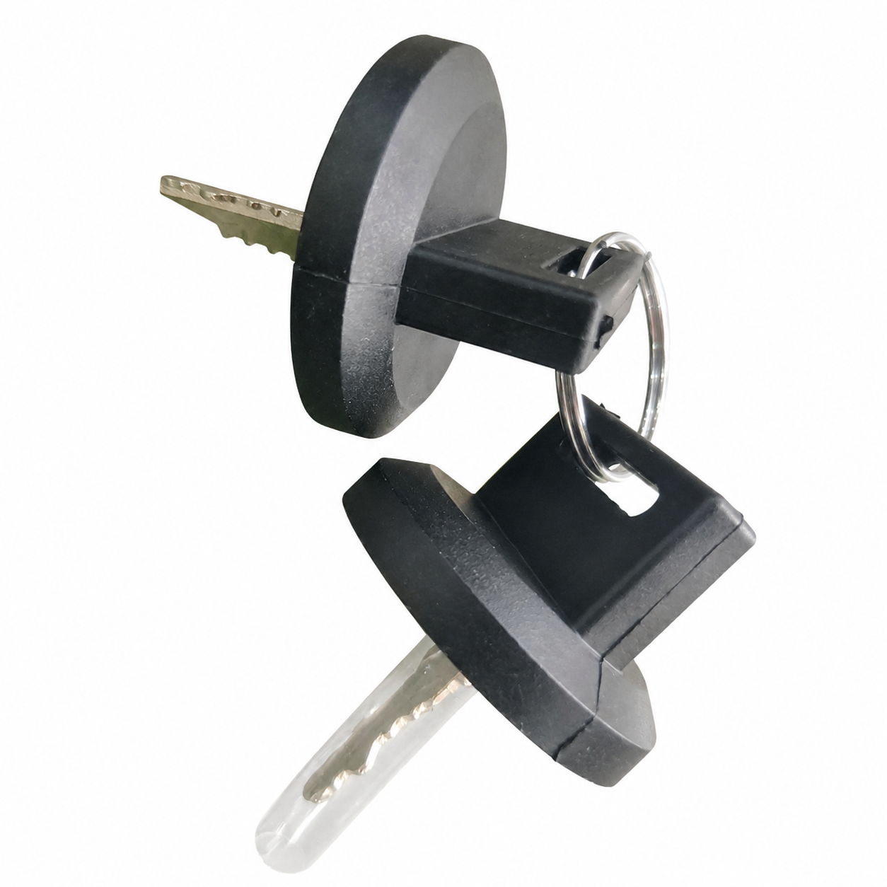 Special key with black circular head and clear plastic blade guard