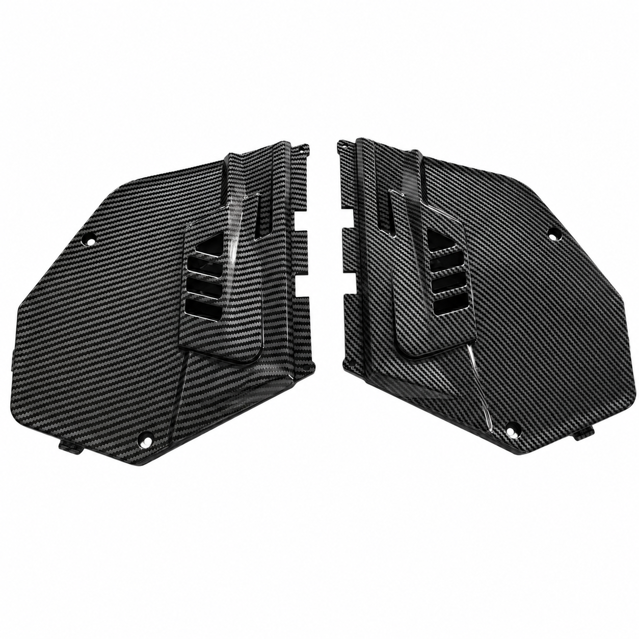 Pair of large black cover plates with mounting holes and textured finish