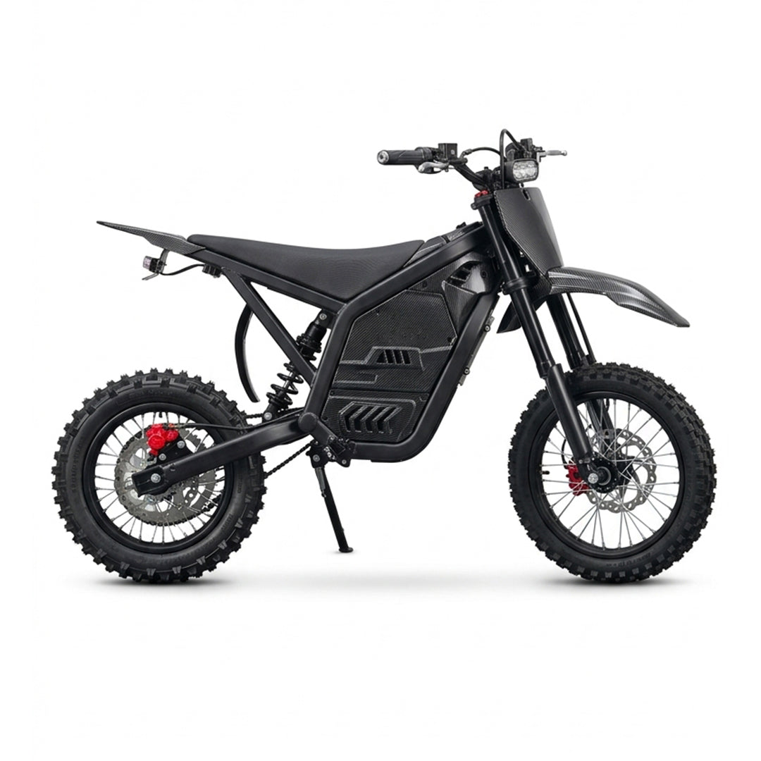 Black electric dirt bike with knobby tires, front disc brake, side stand
