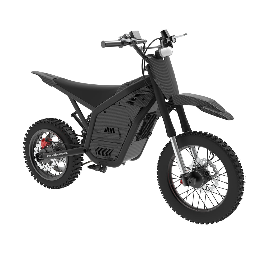 Dark electric dirt bike with front fork, knobby tires, disc brakes, angular body