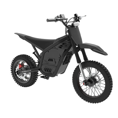 Dark electric dirt bike with front fork, knobby tires, disc brakes, angular body