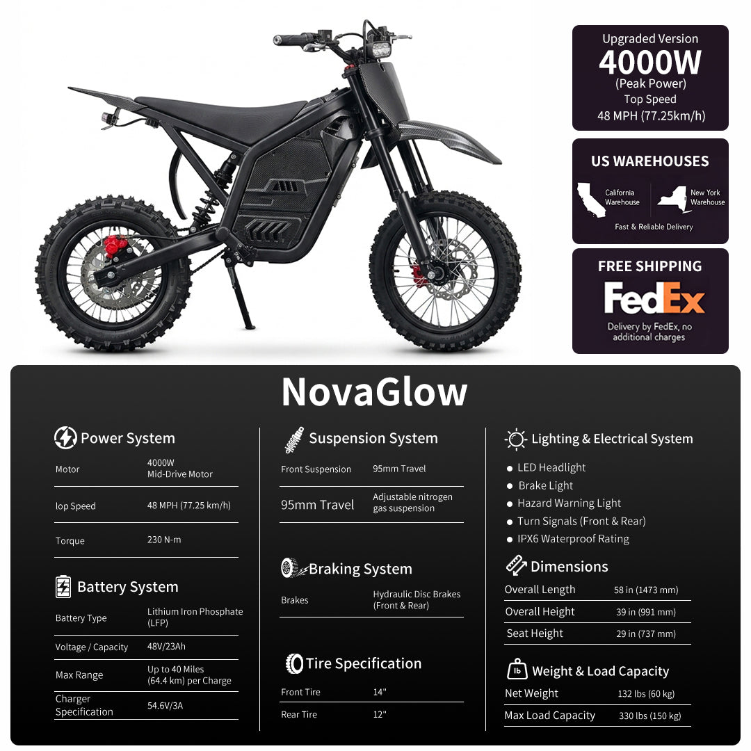 Electric dirt bike with 4000W label and spec chart, knobby tires and disc brakes