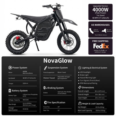 Electric dirt bike with 4000W label and spec chart, knobby tires and disc brakes
