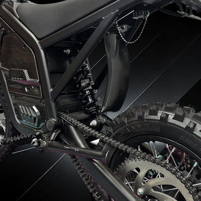 Electric motorcycle rear swingarm and chain drive with spring suspension