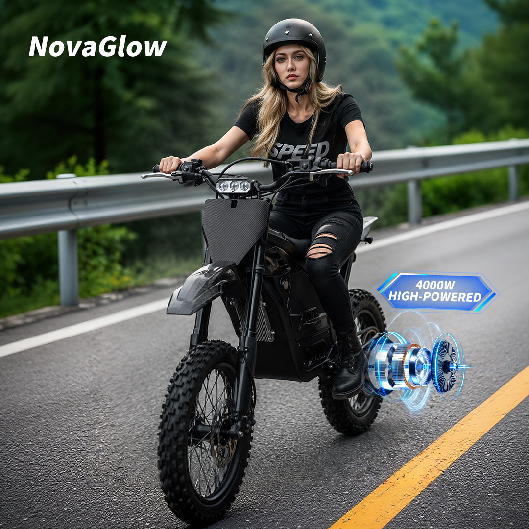 Electric motorcycle with rider in helmet, black frame, and knobby off-road tires