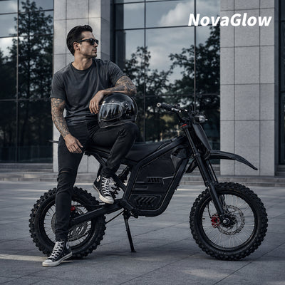 Electric motorcycle side view with rider, disc brakes, and black frame