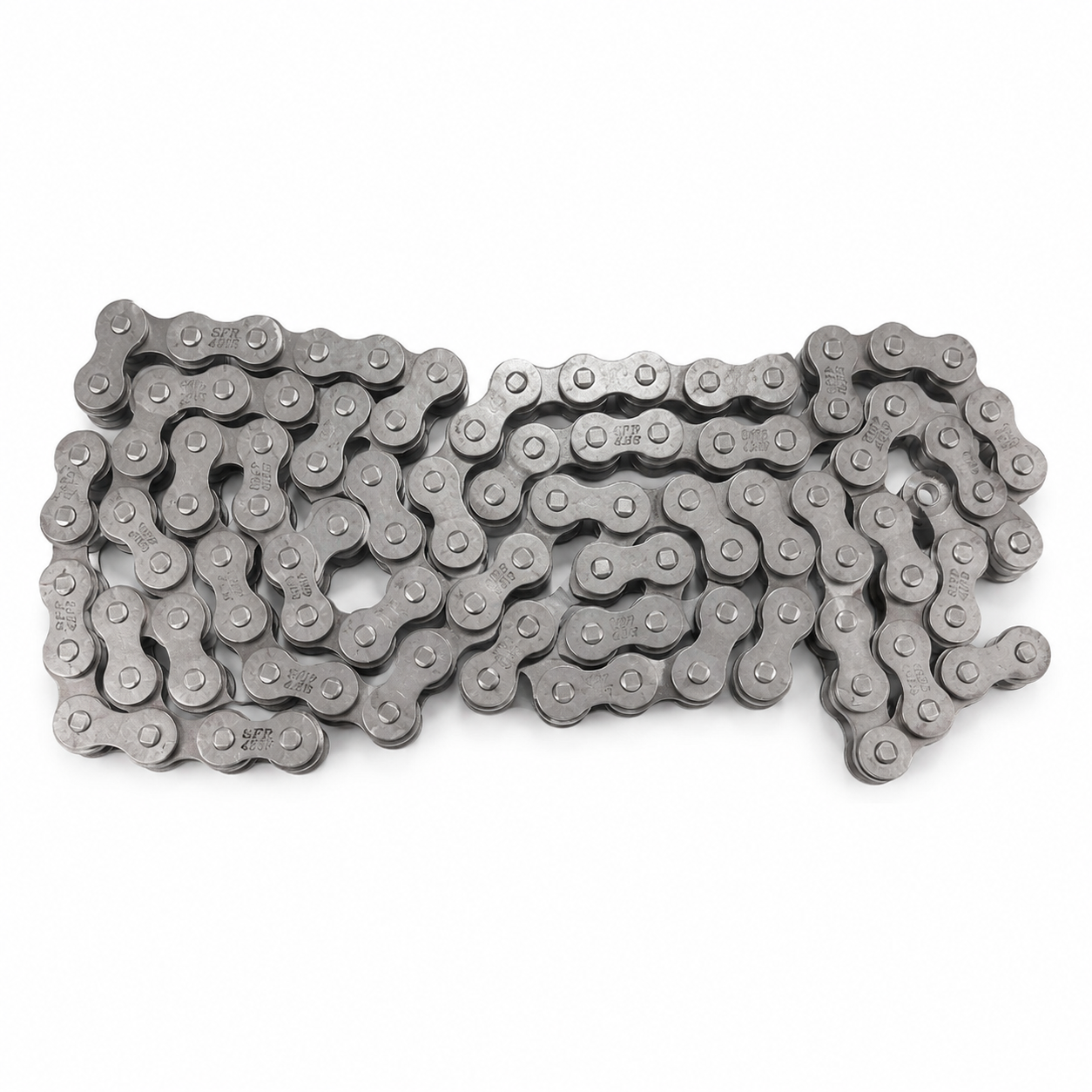 Metal roller chain with interlocking links, silver finish