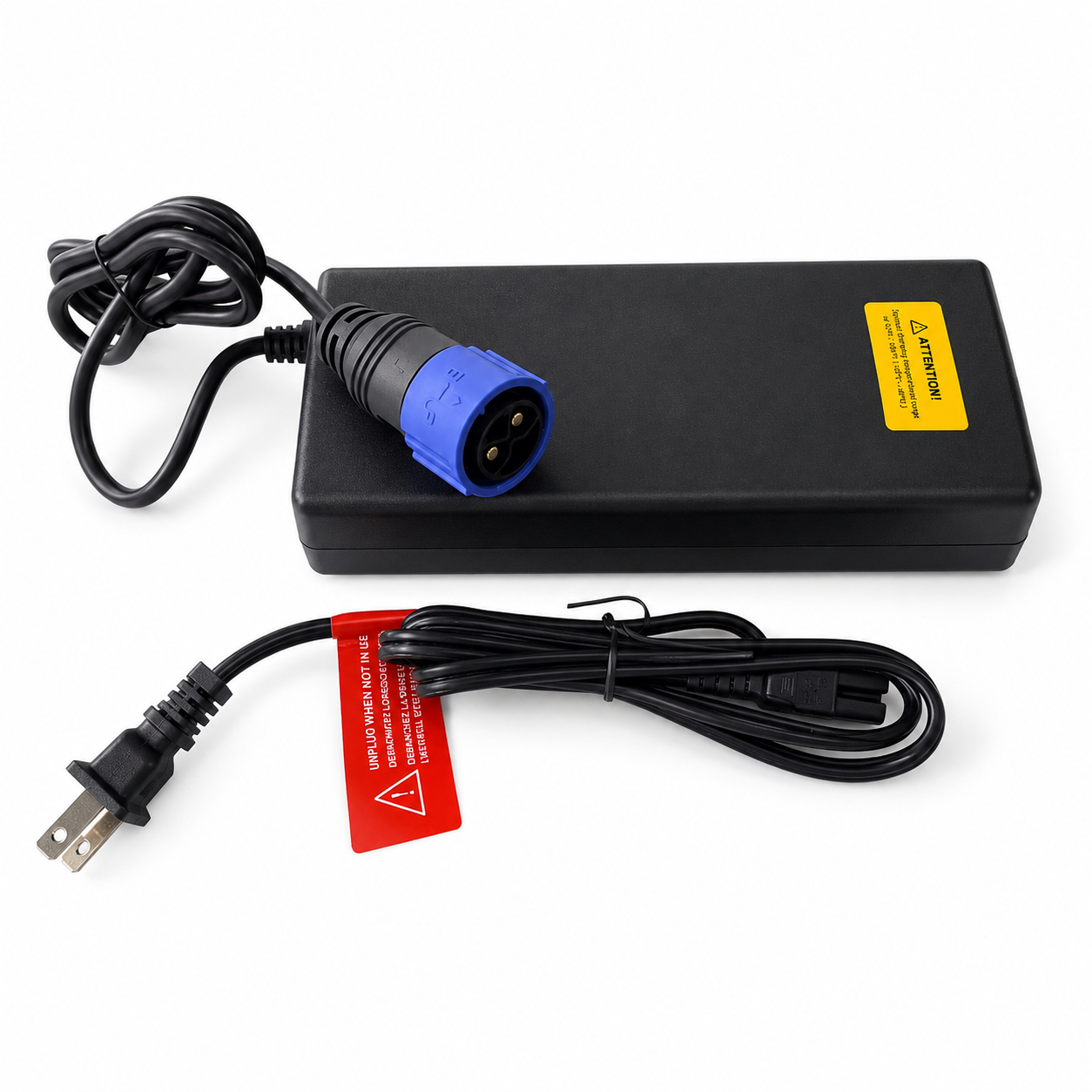 Power adapter charger with black casing and blue circular DC connector, included cables
