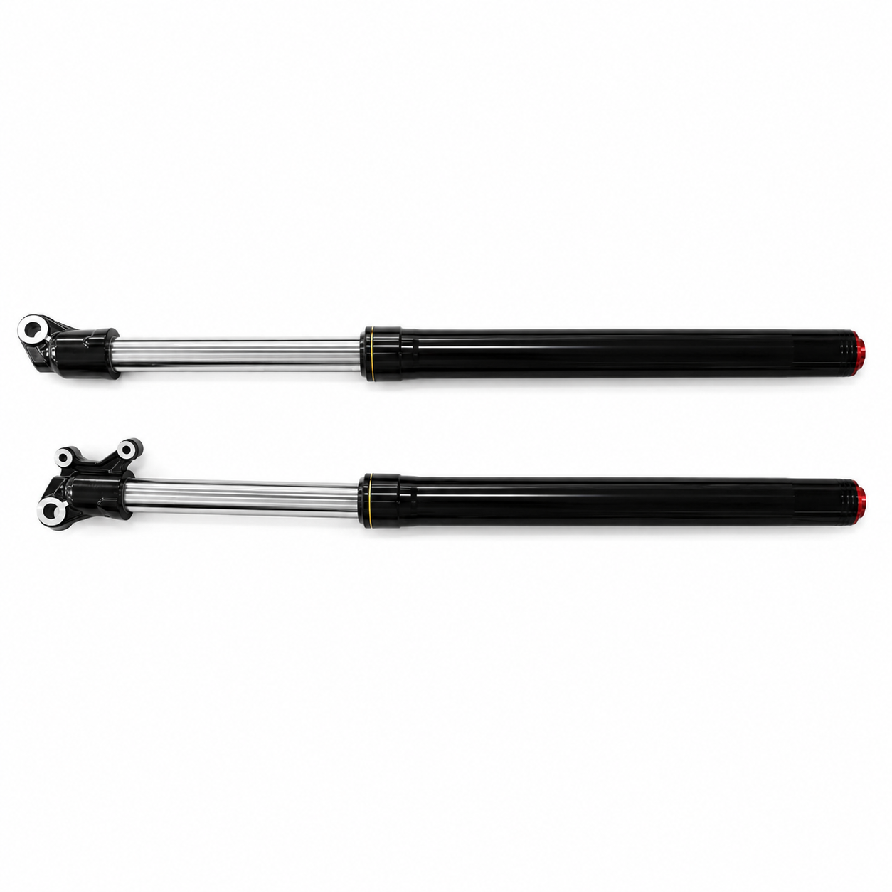 Front shock absorbers with black gas-damper body and silver mounting brackets