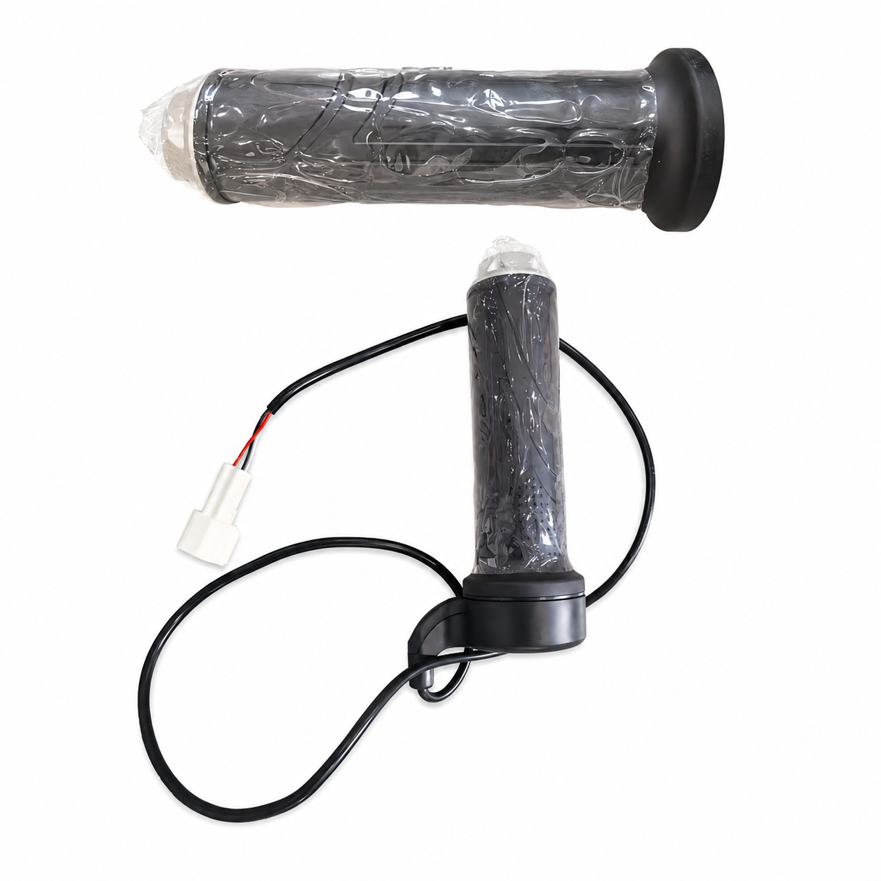 Pair of dark throttle grips with black end cap and wiring harness connector