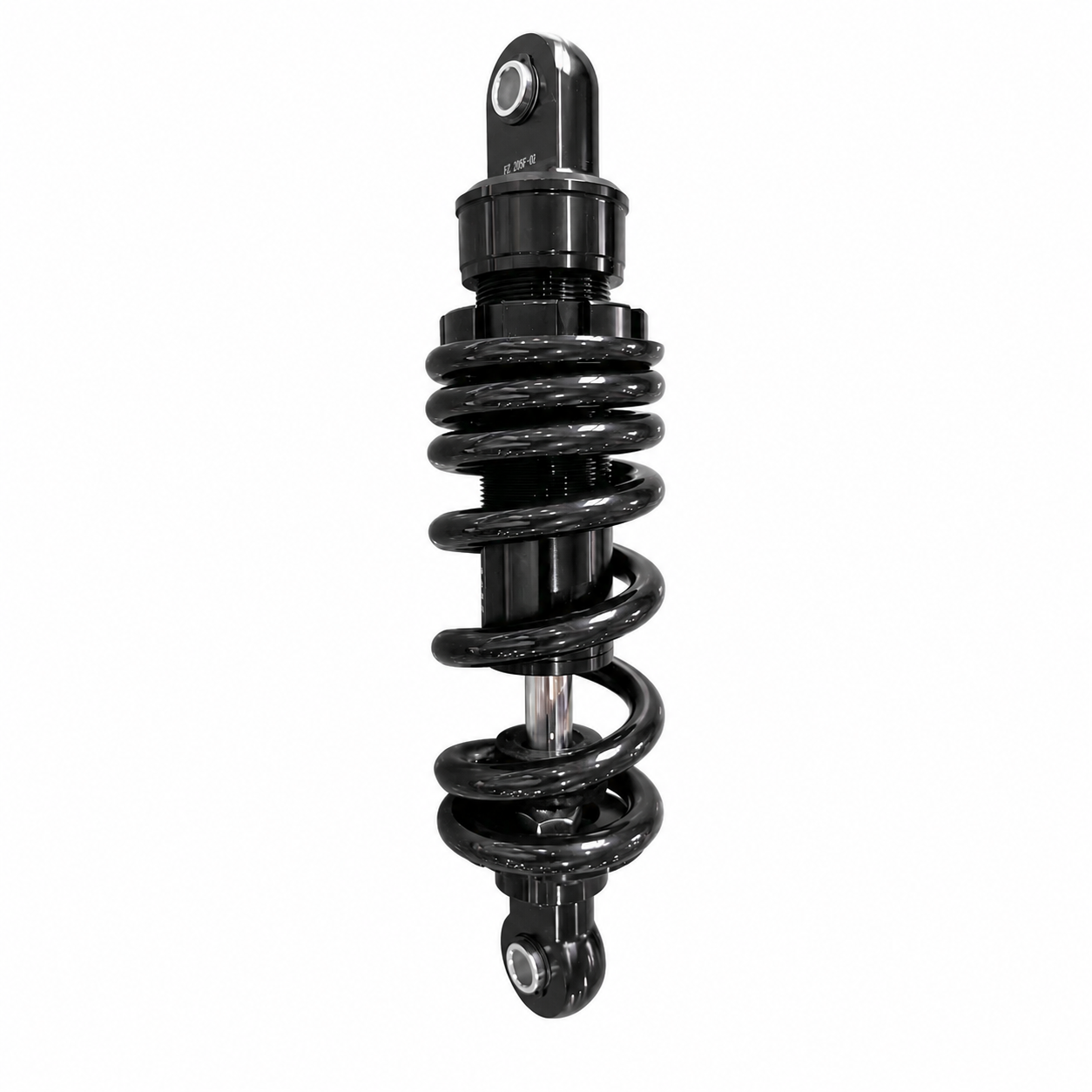 Rear shock absorber with black coil spring and chrome body, top and bottom eyelets