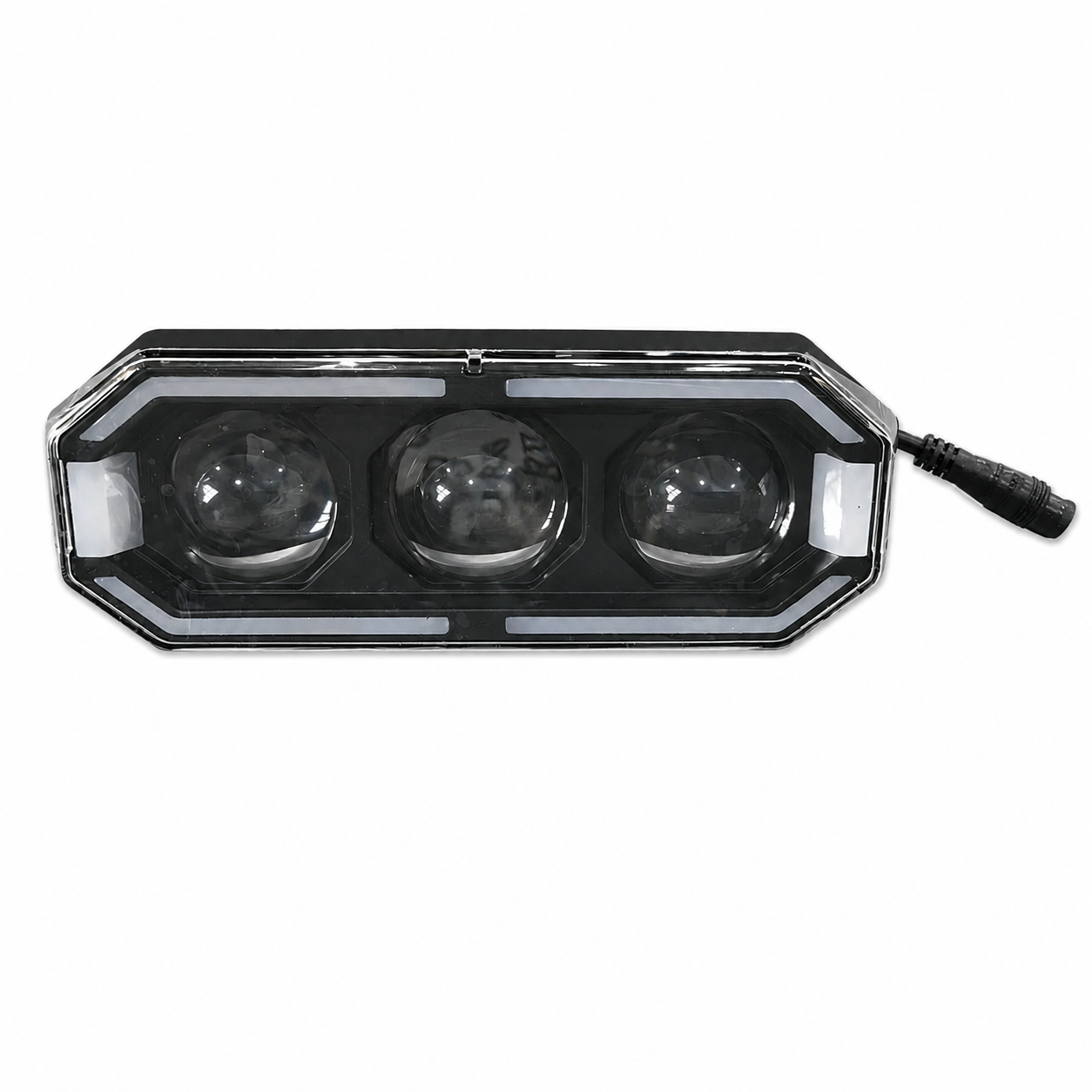 LED headlight unit with three round lenses and rubber cable connector