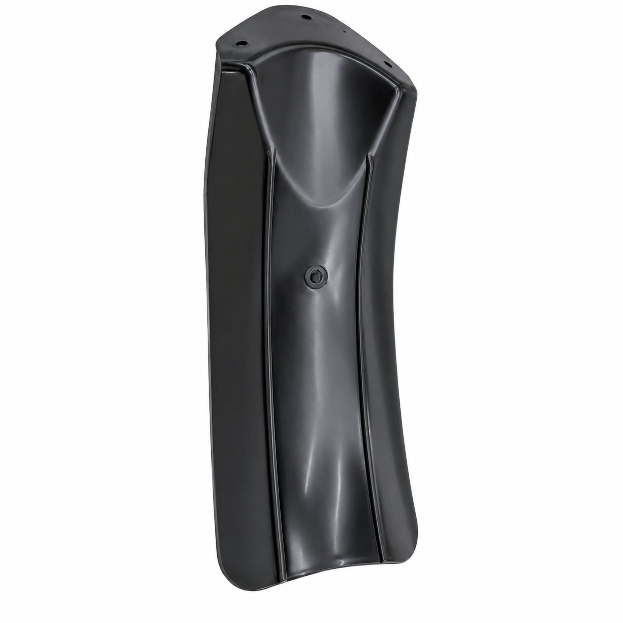 Rear guard panel, dark plastic with curved shield shape and small top mounting holes